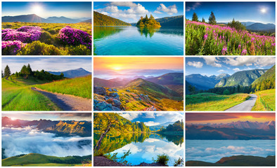 Collage with 9 colorful summer landscapes.
