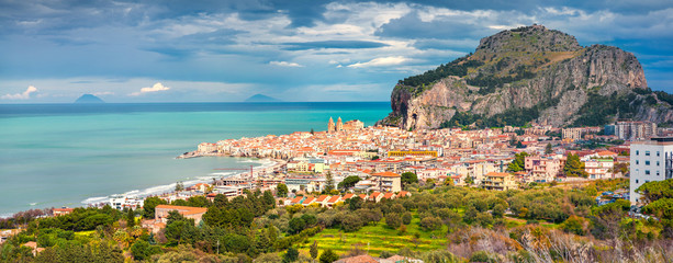 Panorama of the town Cefalu with Piazza del Duomo,