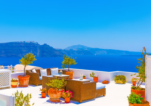 View from terace in Oia tof Santorini island in Greece
