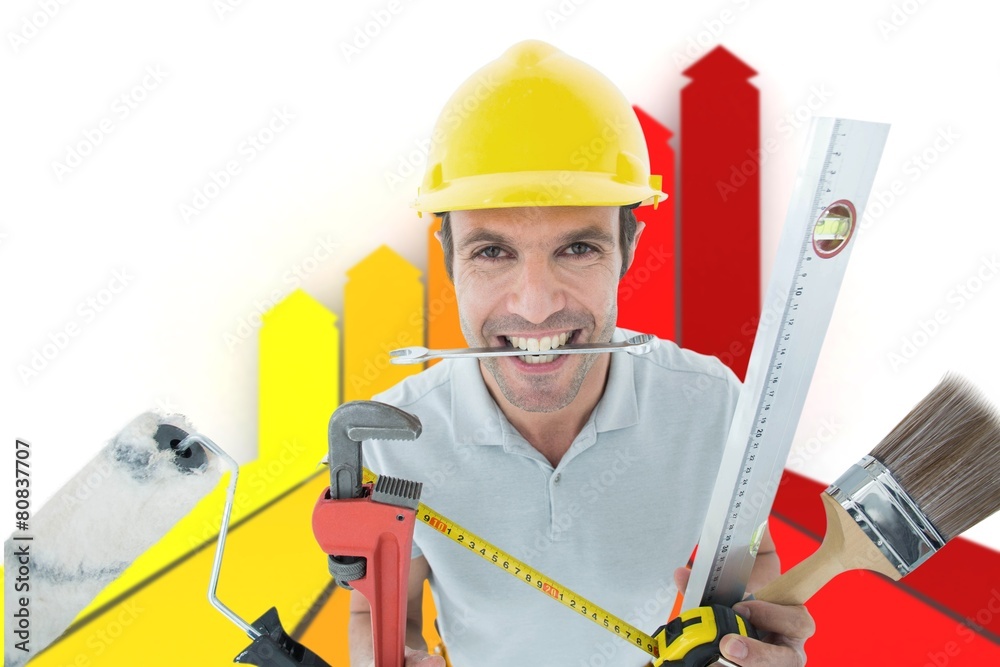 Poster composite image of happy worker with various equipment