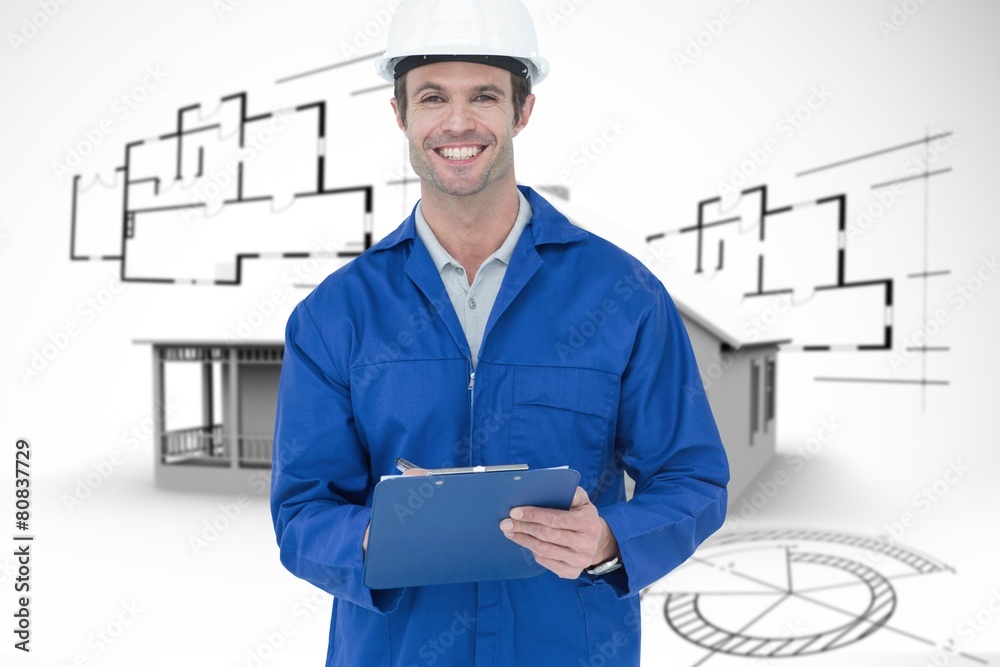 Poster Composite image of confident supervisor writing notes