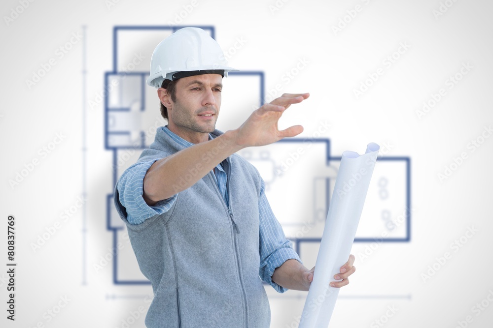 Poster Composite image of architect with blueprint