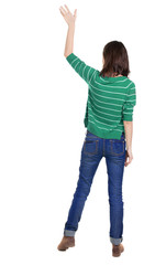 Back view of beautiful woman welcomes.