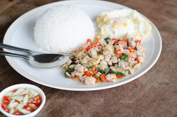 Rice with stir fried hot and spicy pork with basil