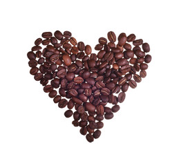 Heart made with coffee beans isolated on white