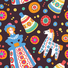 Russian traditional souvenir toys seamless pattern