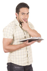 young handsome male teacher holding notebook