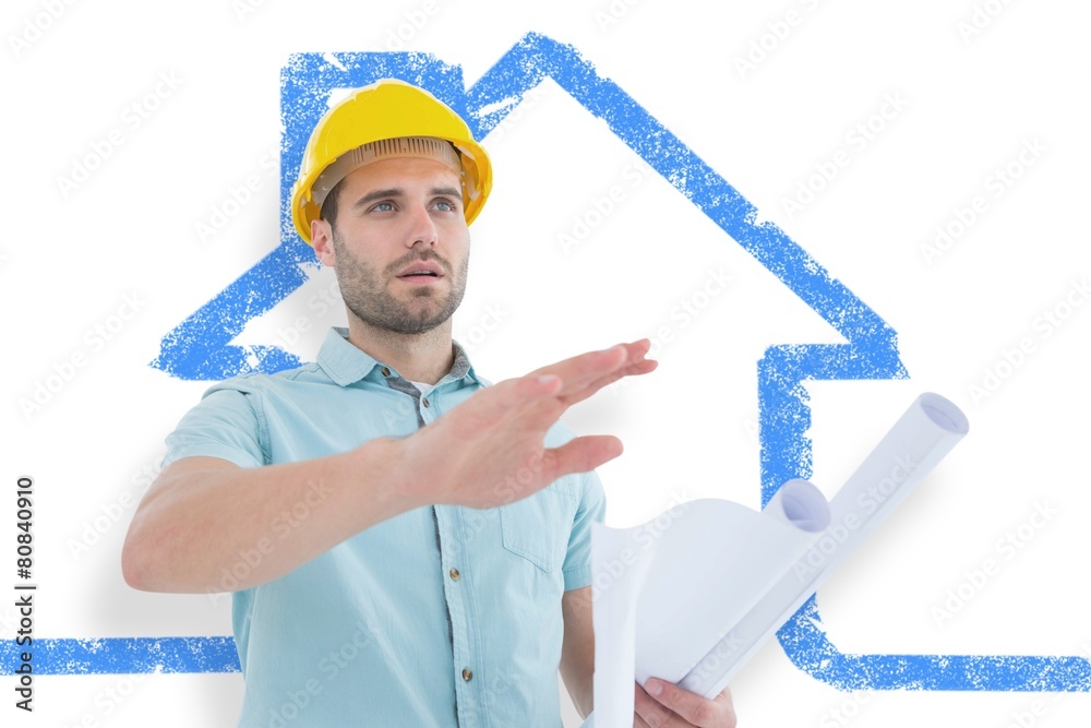Poster Architect with blueprint gesturing on white background