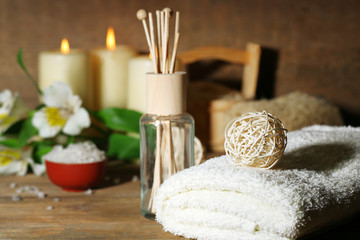 Composition of spa treatment on wooden background