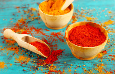 Different seasoning in wooden spoons and bowls