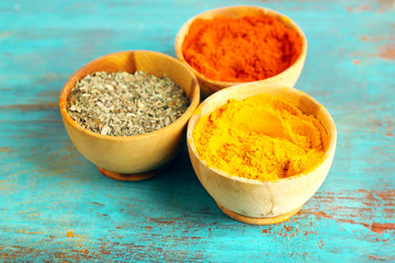 Different seasoning in wooden bowls