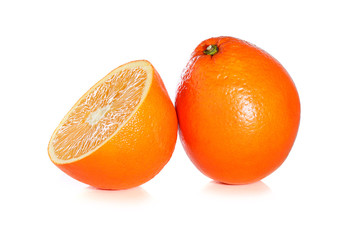 Half orange fruit on white background, fresh and juicy