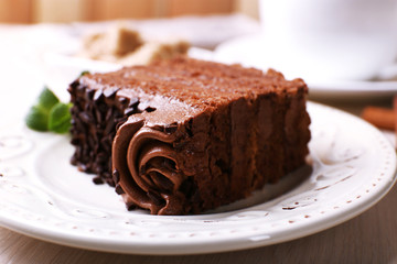 Tasty piece of chocolate cake with mint and cinnamon
