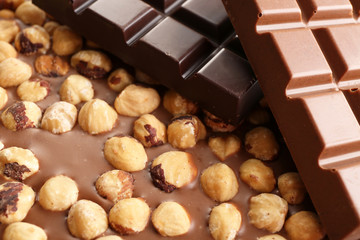 Black and milk chocolate bars with hazelnuts close up