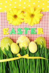 Easter eggs and grass on colorful paper background