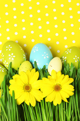 Easter eggs and grass on colorful paper background
