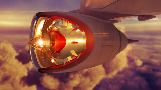 Commercial jet airplane flies above clouds with fly through