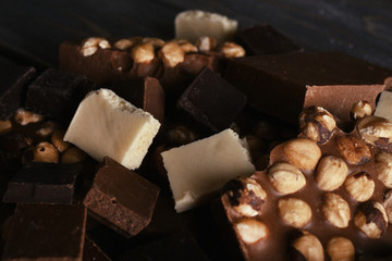 Set of chocolate with hazelnut, closeup