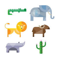 Flat African Animals and Plants. Geometric Style Vector