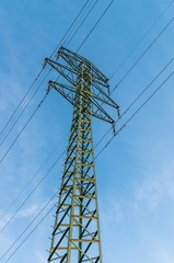 Transport electricity, power lines against blue sky