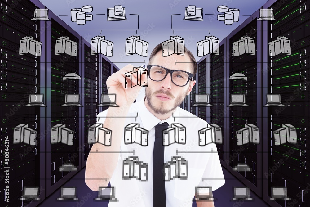 Poster Composite image of geeky businessman writing with marker