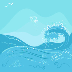 Fish jumping out of the ocean wave