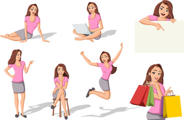 Beautiful cartoon woman in different poses