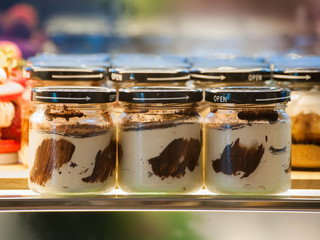 Layered freshly chocolates cake baked in a glass 