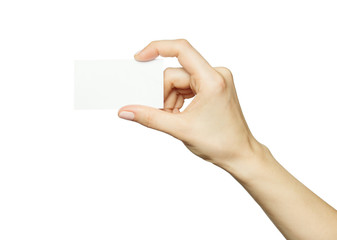 Female hand holding a blank business card, isolated on white