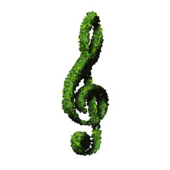 Musical note clef symbol made from green leaves.