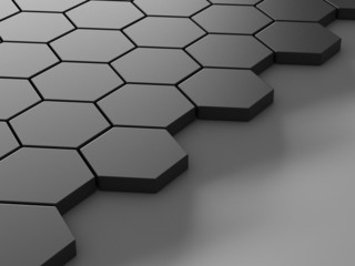 black background with hexagons and place