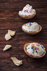 ice cream decorated with sweet powder in the wafer
