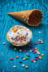 ice cream decorated with sweet powder in the wafer