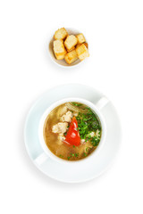 Restaurant food isolated - white fish soup with croutons