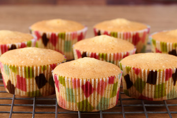 Freshly baked muffins served on cooling rack