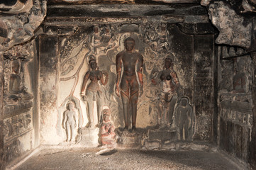 Statues on Ellora caves near Aurangabad in India
