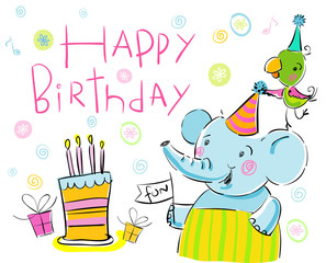 Birthday elephant and a parrot