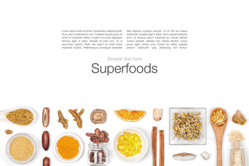 various superfood on white background top view