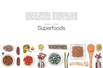 various superfood on white background top view