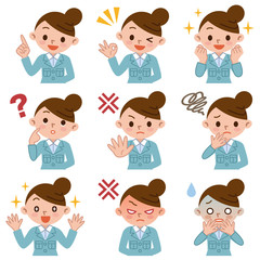 作業着の若い女性の表情セット
