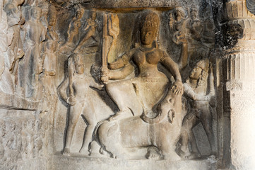 Fototapeta na wymiar Statues on Ellora caves near Aurangabad in India