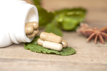 Obraz na płótnie Canvas Organic Herb capsule medicine with mint leaves