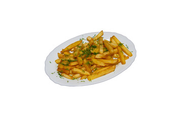 a plate with fried potatoes white isolated