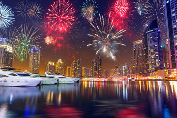 Naklejka premium Fireworks displayon the sky in Dubai city, UAE