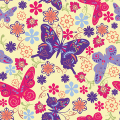 Fototapeta premium Butterfly and Flower Seamless Pattern - Illustration