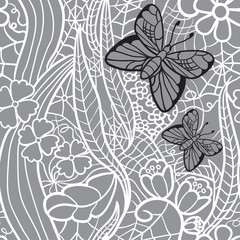 Seamless lacy pattern with flowers and butterflies