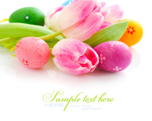 Easter eggs with pink tulip flowers on white background