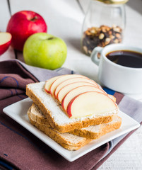 toast with cheese curd, honey and apple, a cup of coffee