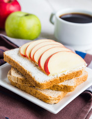toast with cheese curd, honey and apple, a cup of coffee