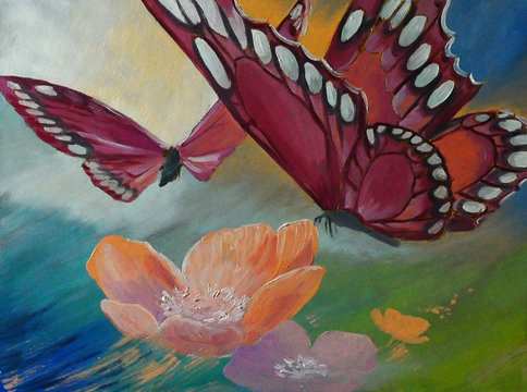 Oil painting on canvas- Butterfly on flowers, art work